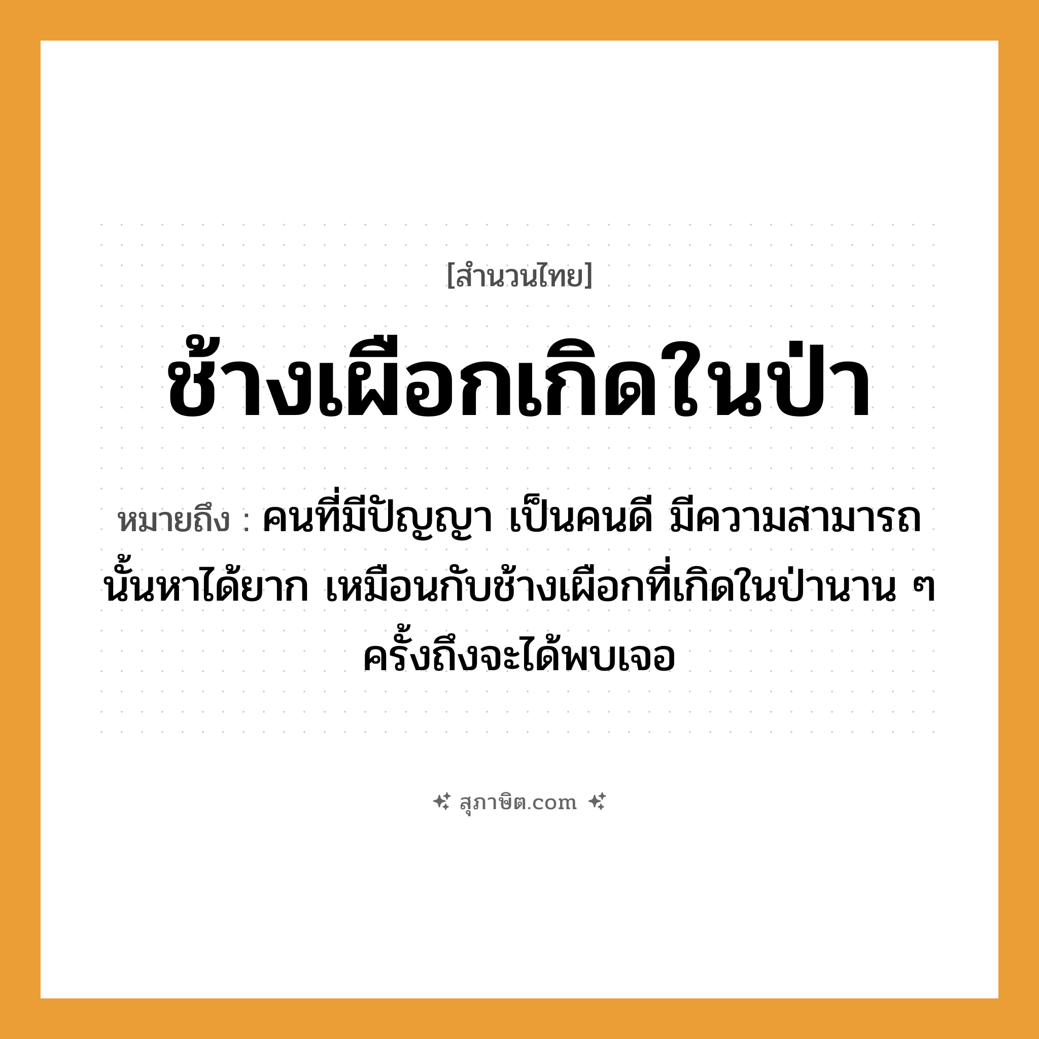 คำสุภาษิต: ช้างเผือกเกิดในป่า หมายถึง?, หมายถึง คนที่มีปัญญา เป็นคนดีมีความสามารถนั้นหาได้ยาก ที่มา เหมือนกับช้างเผือกที่เกิดในป่านาน ๆ ครั้งถึงจะได้พบเจอ คำนาม คน