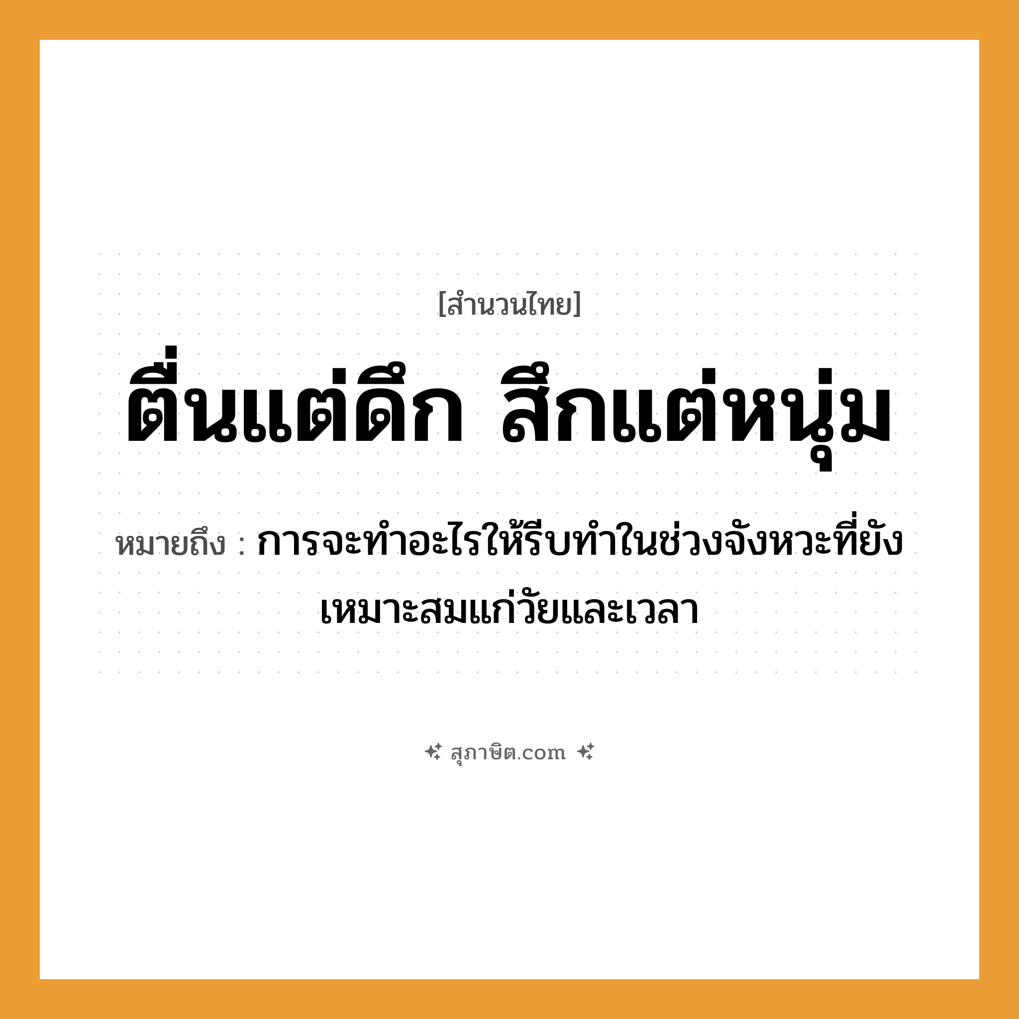 คำสุภาษิต: ตื่นแต่ดึก สึกแต่หนุ่ม หมายถึง?, หมายถึง การจะทำอะไรให้รีบทำในช่วงจังหวะที่ยังเหมาะสมแก่วัยและเวลา