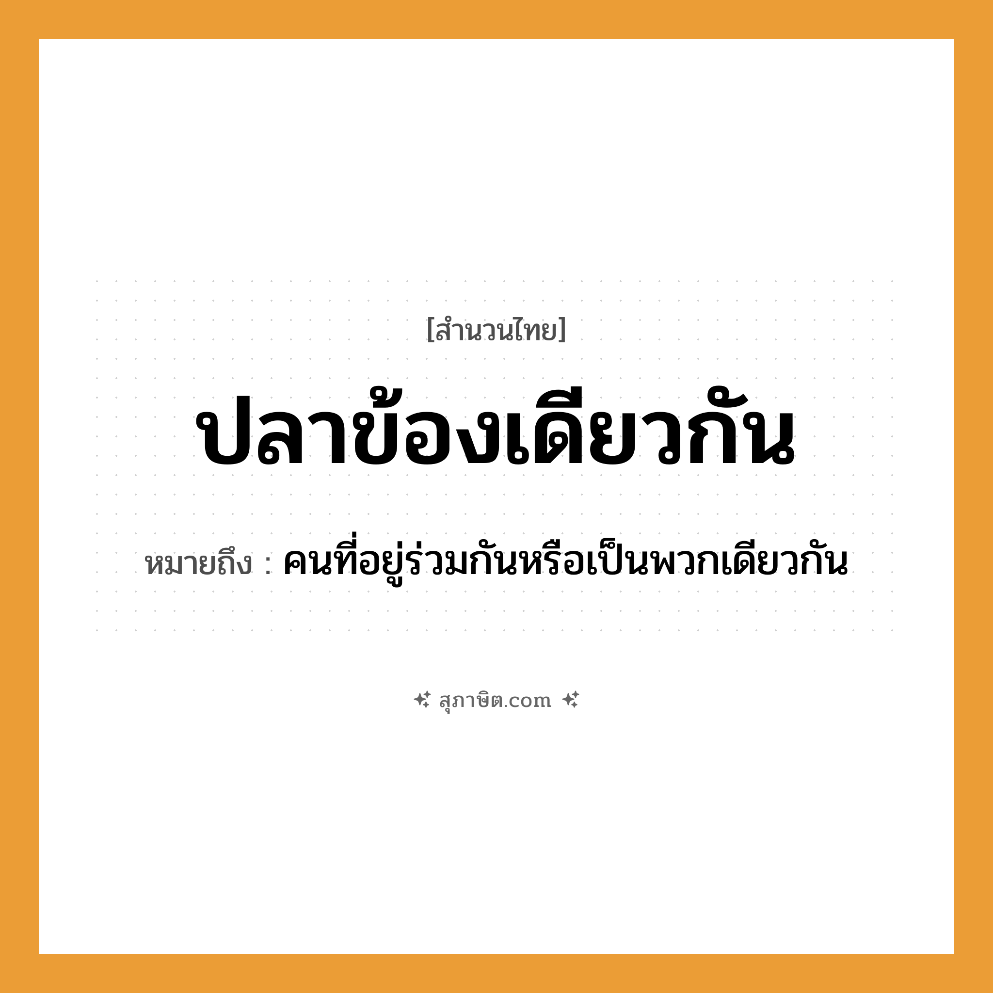 คำสุภาษิต: ปลาข้องเดียวกัน หมายถึง?, หมายถึง คนที่อยู่ร่วมกันหรือเป็นพวกเดียวกัน สัตว์ ปลา สิ่งของ ข้อง หมวด สำนวนไทย