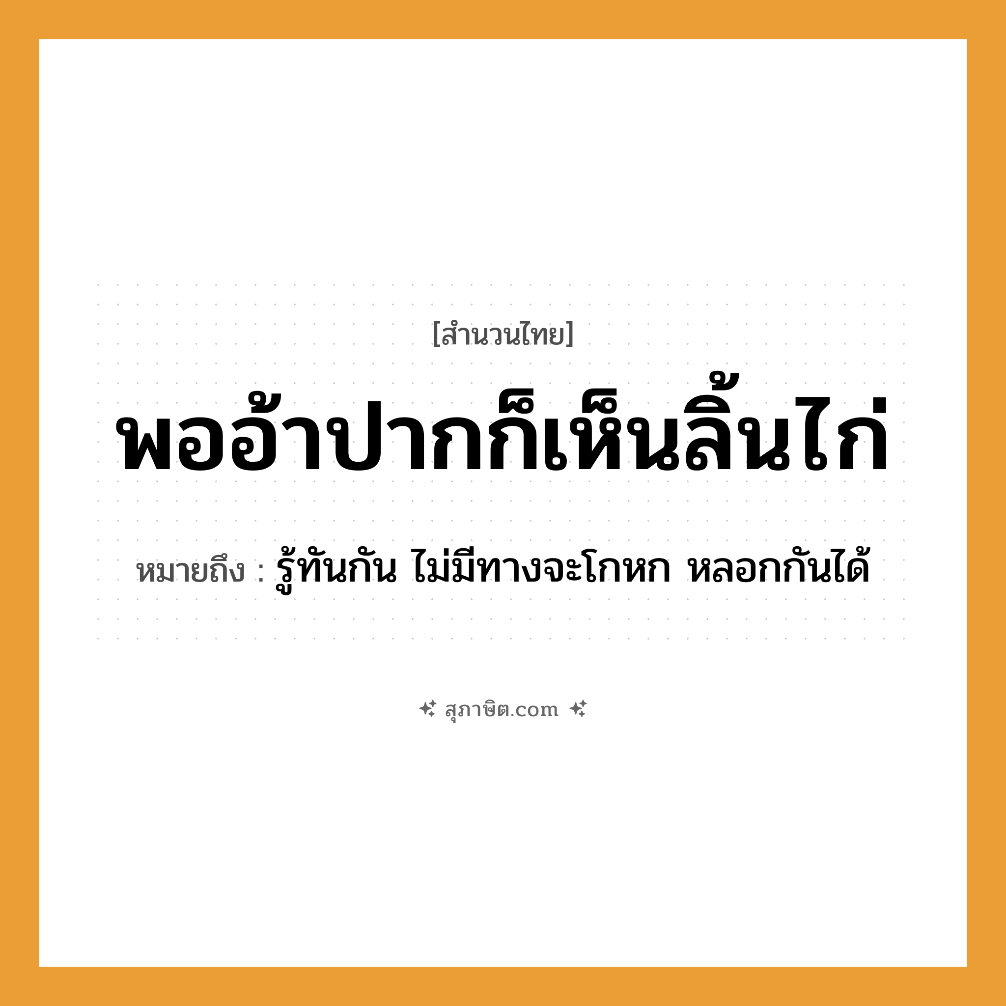 คำสุภาษิต: พออ้าปากก็เห็นลิ้นไก่ หมายถึง?, หมายถึง รู้ทันกัน ไม่มีทางจะโกหก หลอกกันได้ อวัยวะ ปาก, ลิ้นไก่ คำกริยา อ้า, เห็น หมวด สำนวนไทย