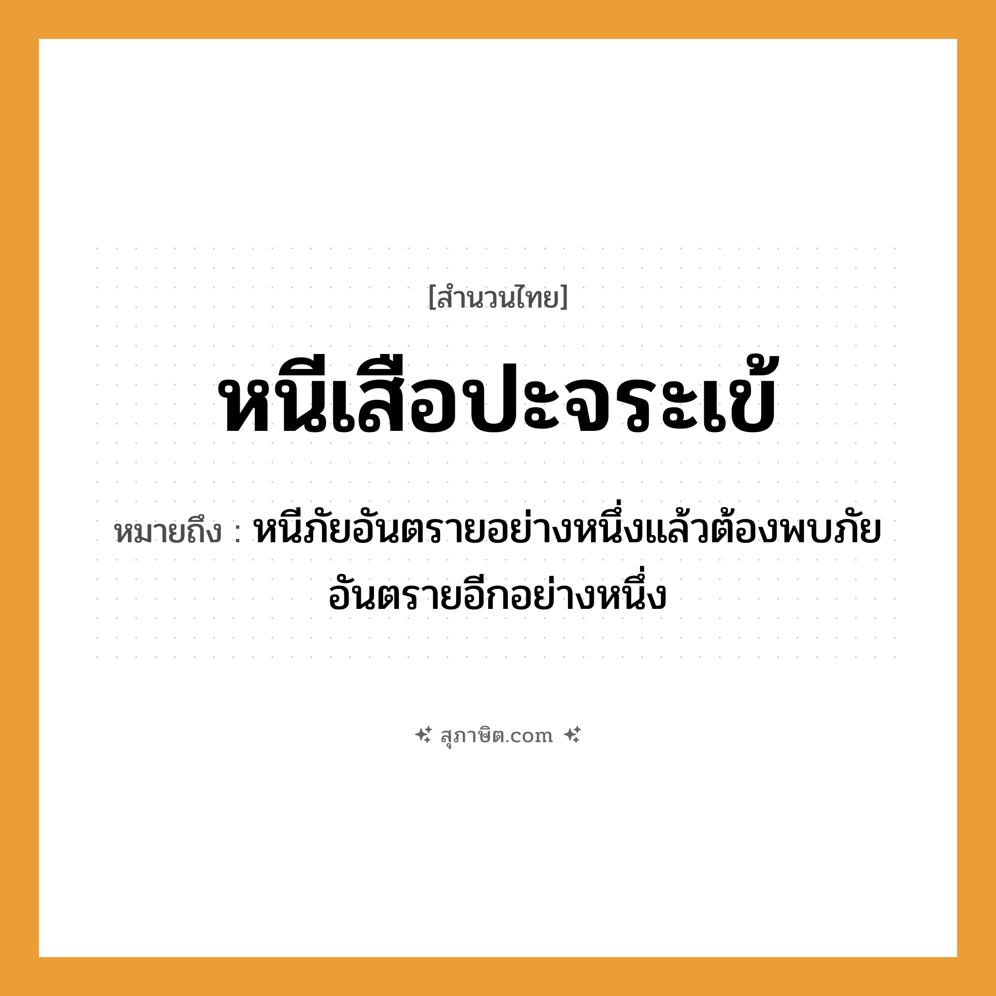 คำสุภาษิต: หนีเสือปะจระเข้ หมายถึง?, หมายถึง หนีภัยอันตรายอย่างหนึ่งแล้วต้องพบภัยอันตรายอีกอย่างหนึ่ง