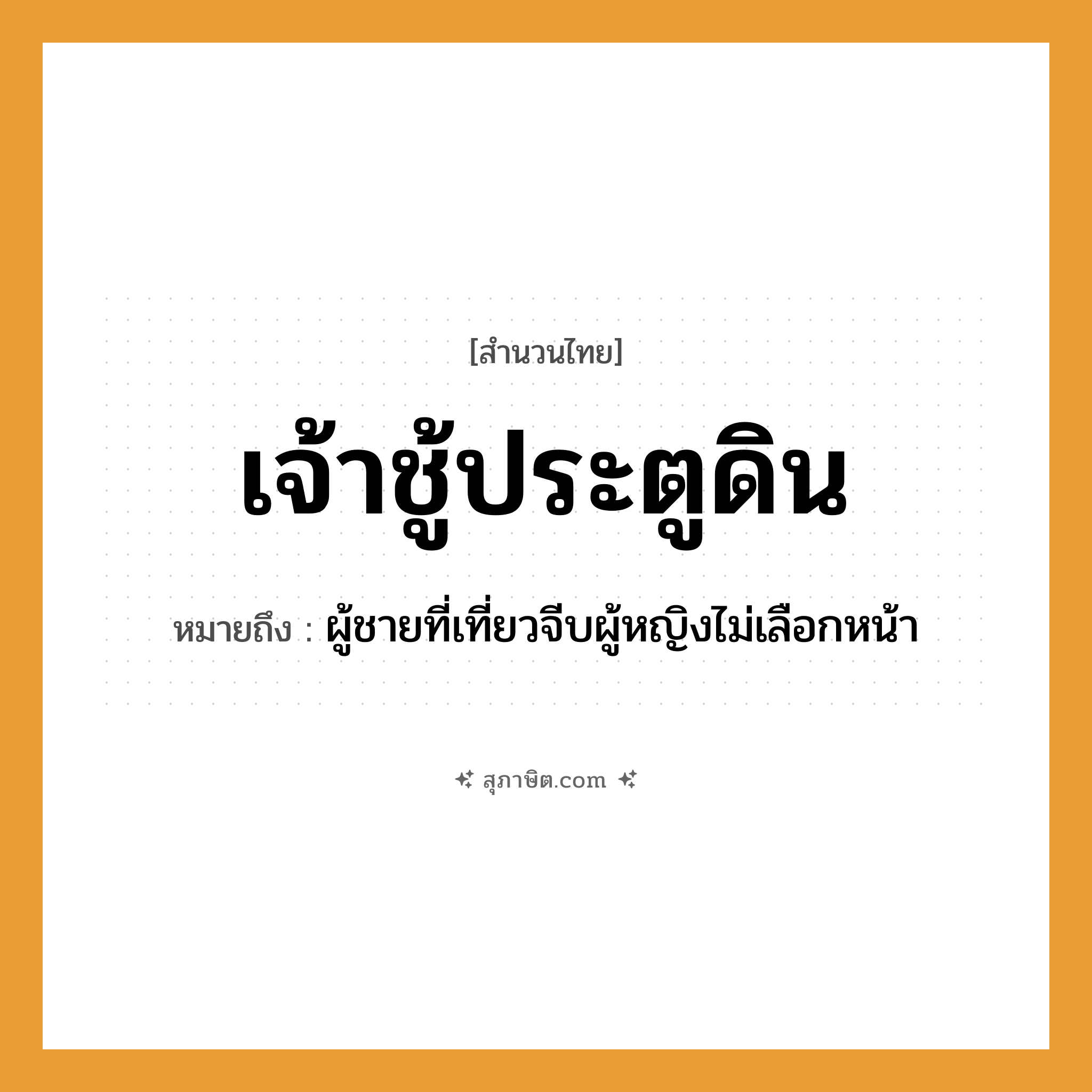 คำสุภาษิต: เจ้าชู้ประตูดิน หมายถึง?, หมายถึง ผู้ชายที่เที่ยวจีบผู้หญิงไม่เลือกหน้า คำนาม ชาย, หญิง อวัยวะ หน้า ธรรมชาติ ดิน