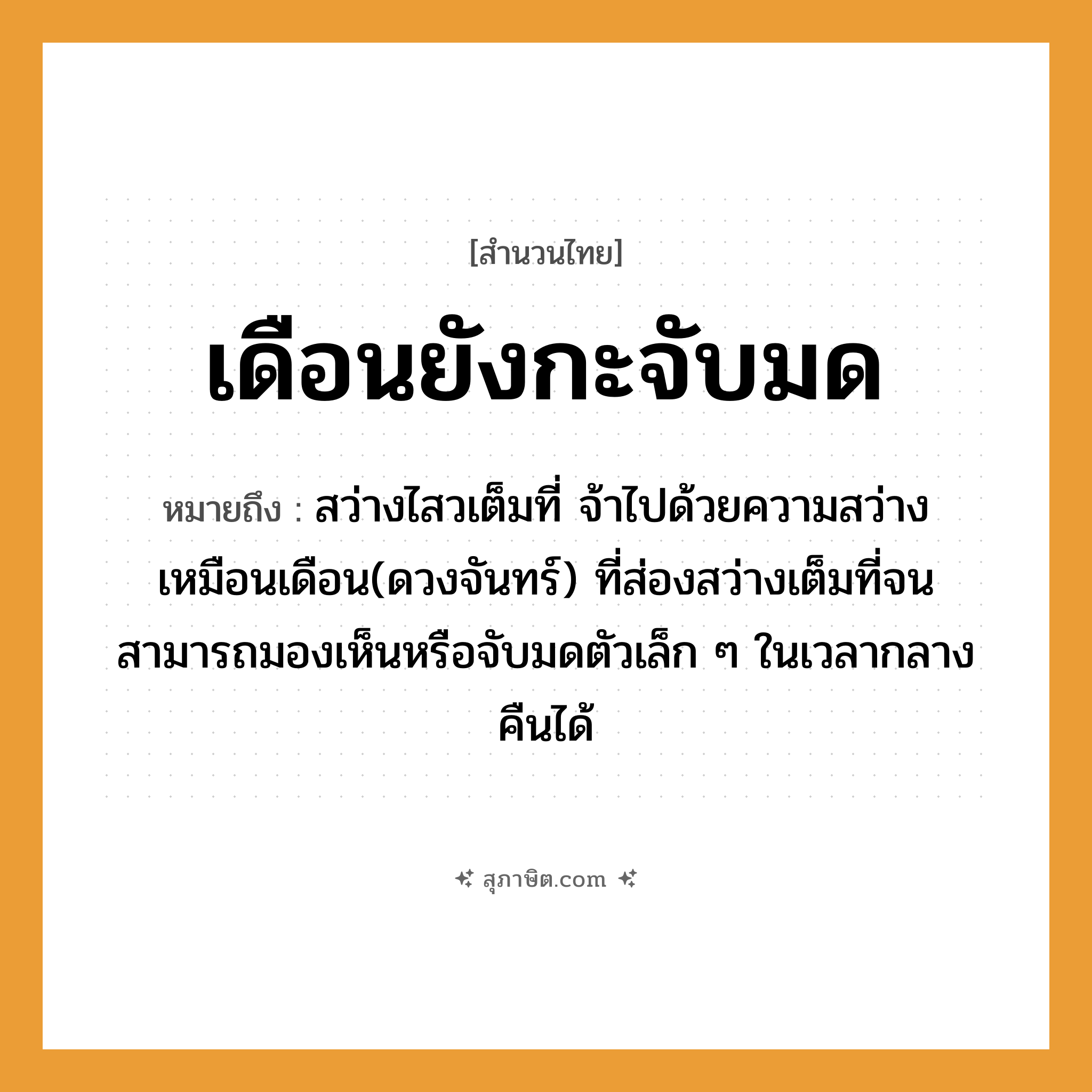 คำสุภาษิต: เดือนยังกะจับมด หมายถึง?, หมายถึง สว่างไสวเต็มที่ จ้าไปด้วยความสว่าง เหมือนเดือน(ดวงจันทร์) ที่ส่องสว่างเต็มที่จนสามารถมองเห็นหรือจับมดตัวเล็ก ๆ ในเวลากลางคืนได้ คำกริยา จับ