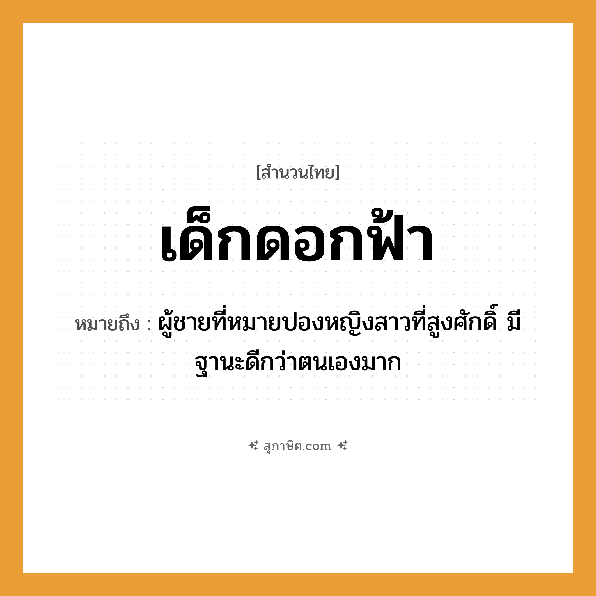 คำสุภาษิต: เด็กดอกฟ้า หมายถึง?, หมายถึง ผู้ชายที่หมายปองหญิงสาวที่สูงศักดิ์ มีฐานะดีกว่าตนเองมาก คำนาม เด็ก, ดอกฟ้า ความสัมพันธ์ ความโปรดปราน, การได้รับความเอ็นดู หมวด สำนวนไทย