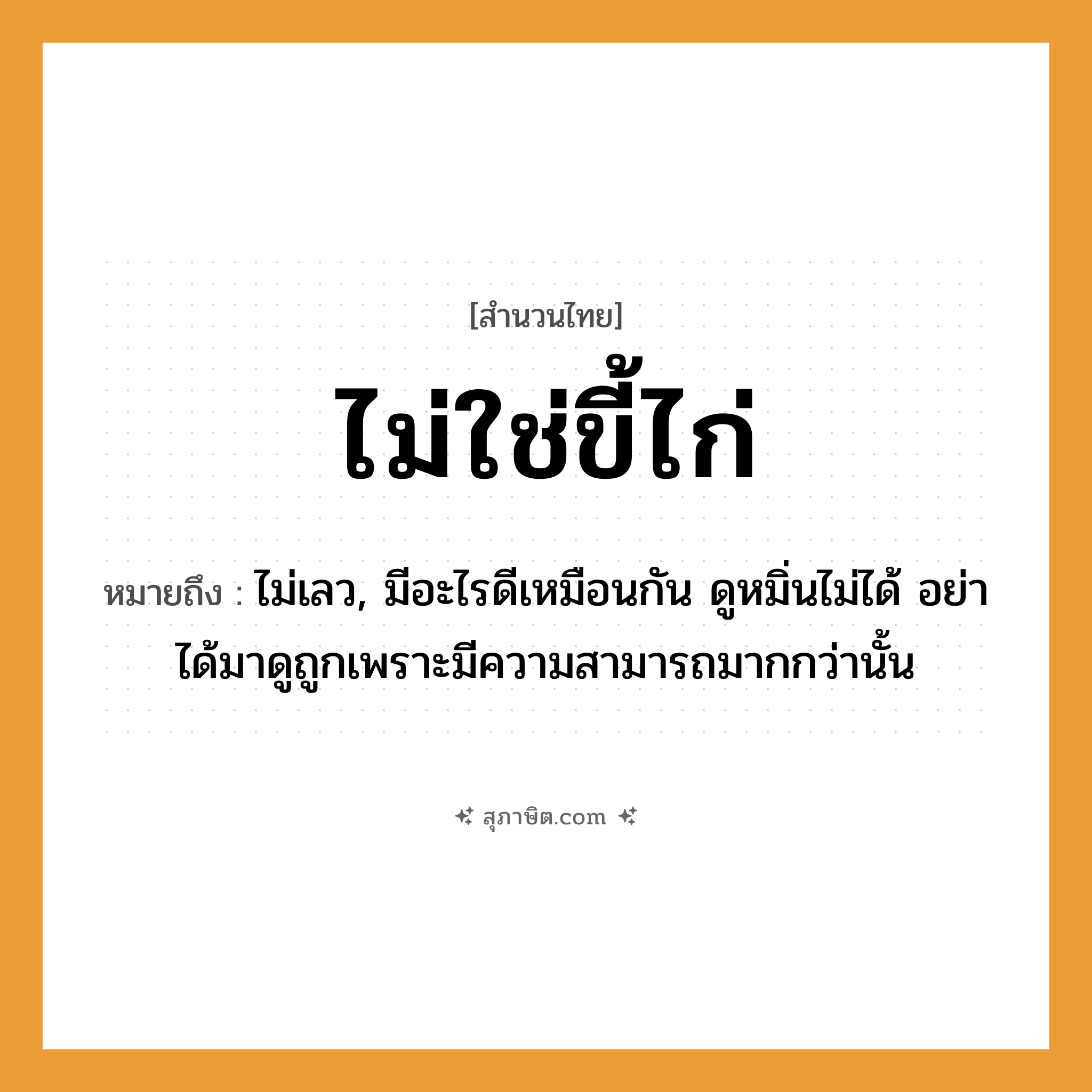 คำสุภาษิต: ไม่ใช่ขี้ไก่ หมายถึง?, หมายถึง ไม่เลว, มีอะไรดีเหมือนกัน ดูหมิ่นไม่ได้ อย่าได้มาดูถูกเพราะมีความสามารถมากกว่านั้น คำนาม ขี้ไก่ สัตว์ ไก่ หมวด สำนวนไทย