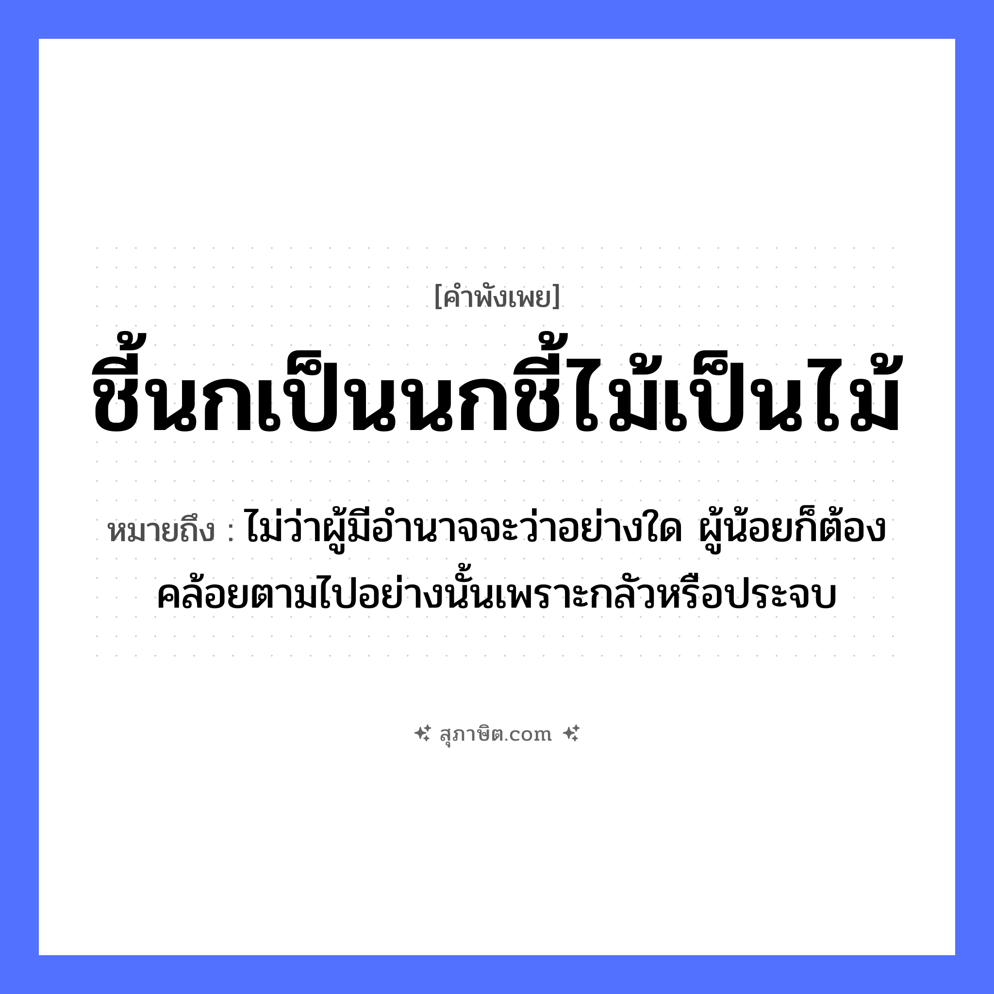 คำสุภาษิต: ชี้นกเป็นนกชี้ไม้เป็นไม้ หมายถึง?, หมายถึง ไม่ว่าผู้มีอํานาจจะว่าอย่างใด ผู้น้อยก็ต้องคล้อยตามไปอย่างนั้นเพราะกลัวหรือประจบ ธรรมชาติ ไม้ สัตว์ นก