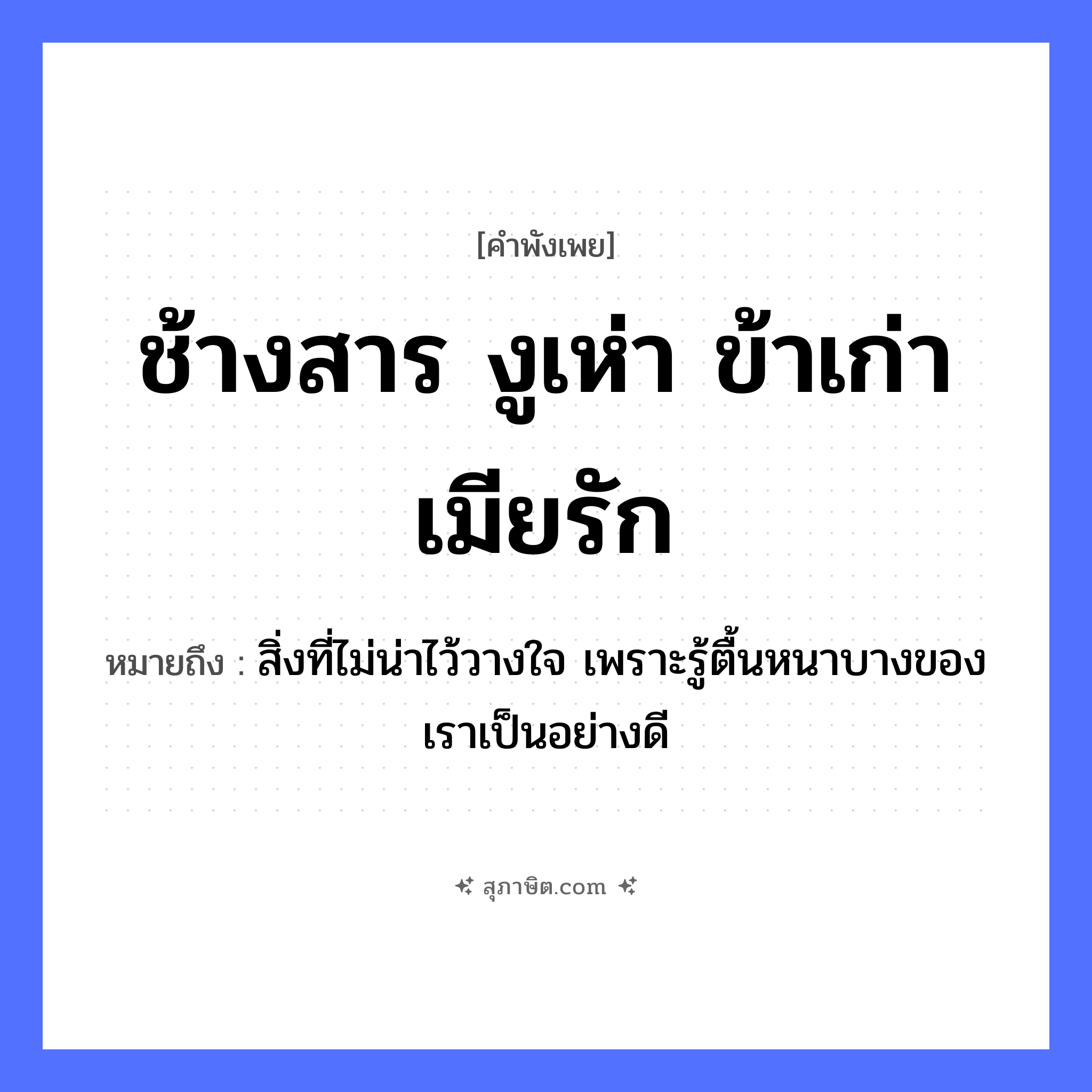 คำสุภาษิต: ช้างสาร งูเห่า ข้าเก่า เมียรัก หมายถึง?, หมายถึง สิ่งที่ไม่น่าไว้วางใจ เพราะรู้ตื้นหนาบางของเราเป็นอย่างดี สัตว์ ช้าง, งู อวัยวะ ใจ คำกริยา รัก