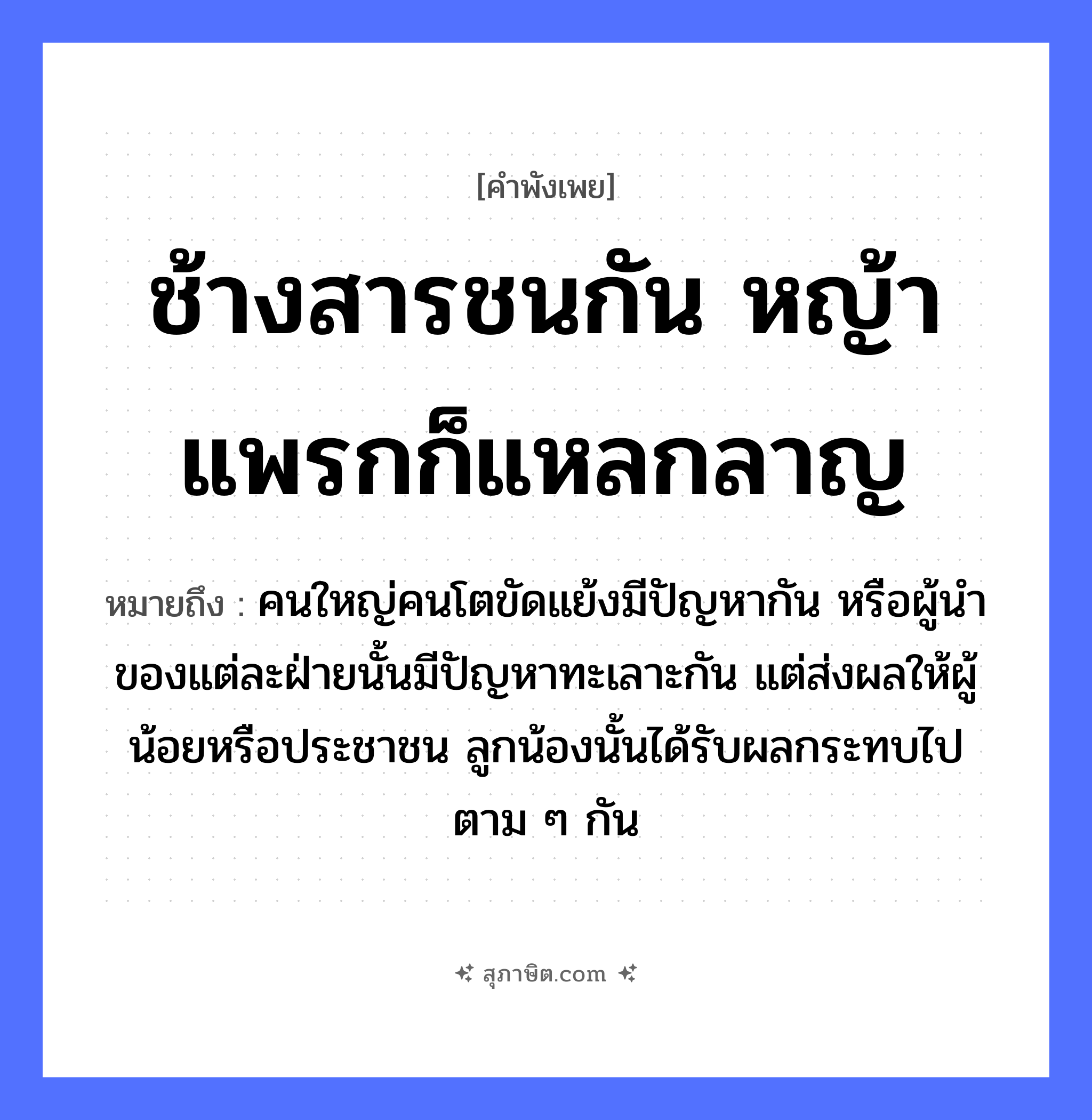 คำสุภาษิต: ช้างสารชนกัน หญ้าแพรกก็แหลกลาญ หมายถึง?, หมายถึง คนใหญ่คนโตขัดแย้งมีปัญหากัน หรือผู้นำของแต่ละฝ่ายนั้นมีปัญหาทะเลาะกัน แต่ส่งผลให้ผู้น้อยหรือประชาชน ลูกน้องนั้นได้รับผลกระทบไปตาม ๆ กัน คำกริยา ชน, แหลกลาญ ธรรมชาติ หญ้าแพรก สัตว์ ช้างสาร หมวด คำพังเพย