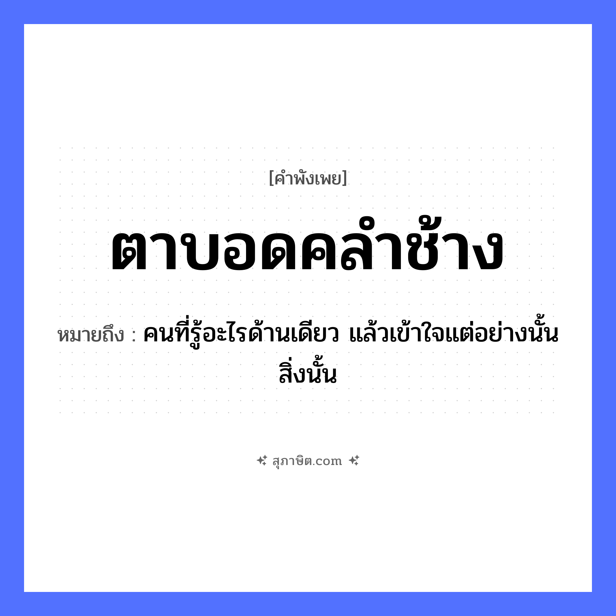 คำสุภาษิต: ตาบอดคลำช้าง หมายถึง?, หมายถึง คนที่รู้อะไรด้านเดียว แล้วเข้าใจแต่อย่างนั้น สิ่งนั้น สัตว์ ช้าง อวัยวะ ตา คำกริยา คลำ, บอด หมวด คำพังเพย