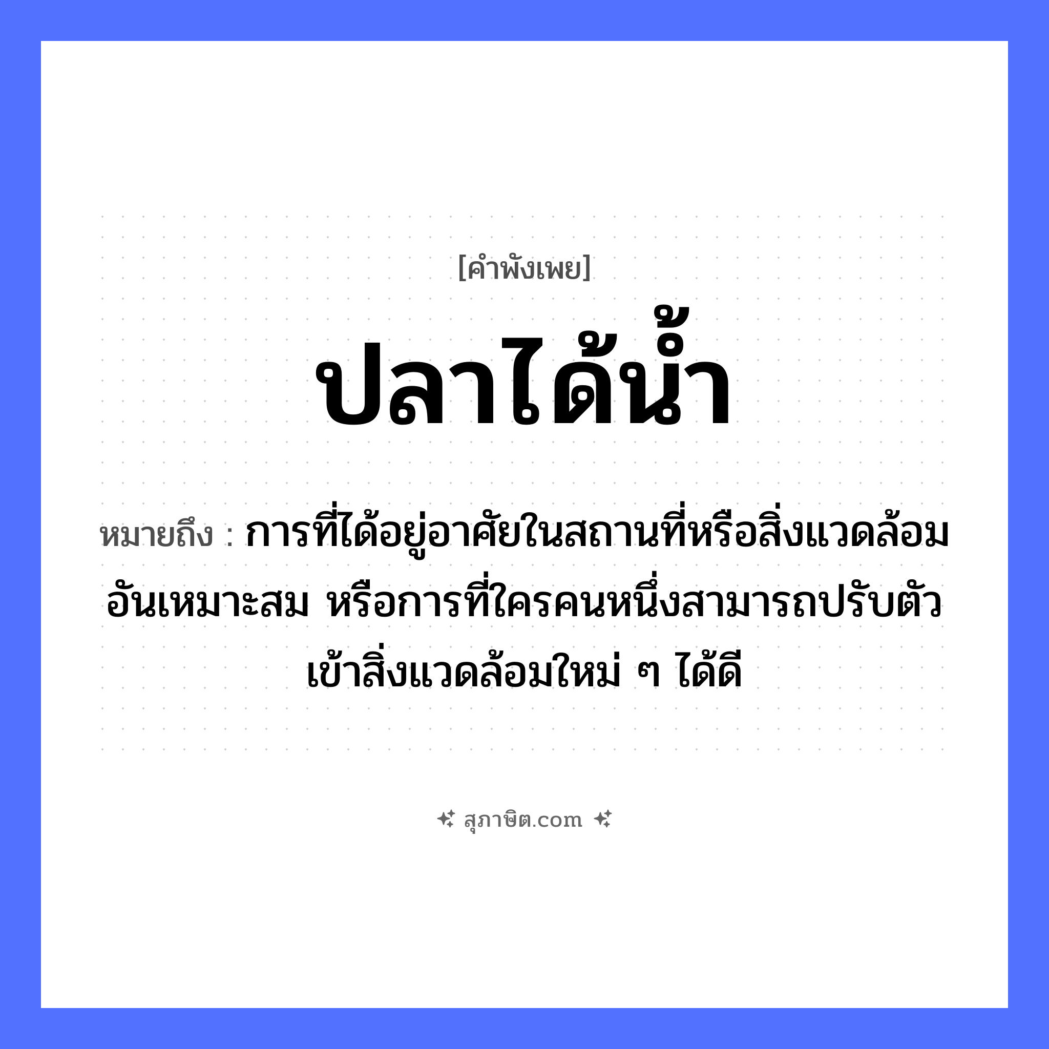 คำสุภาษิต: ปลาได้น้ำ หมายถึง?, หมายถึง การที่ได้อยู่อาศัยในสถานที่หรือสิ่งแวดล้อมอันเหมาะสม หรือการที่ใครคนหนึ่งสามารถปรับตัวเข้าสิ่งแวดล้อมใหม่ ๆ ได้ดี คำนาม คน สัตว์ ปลา อวัยวะ ตัว ธรรมชาติ น้ำ