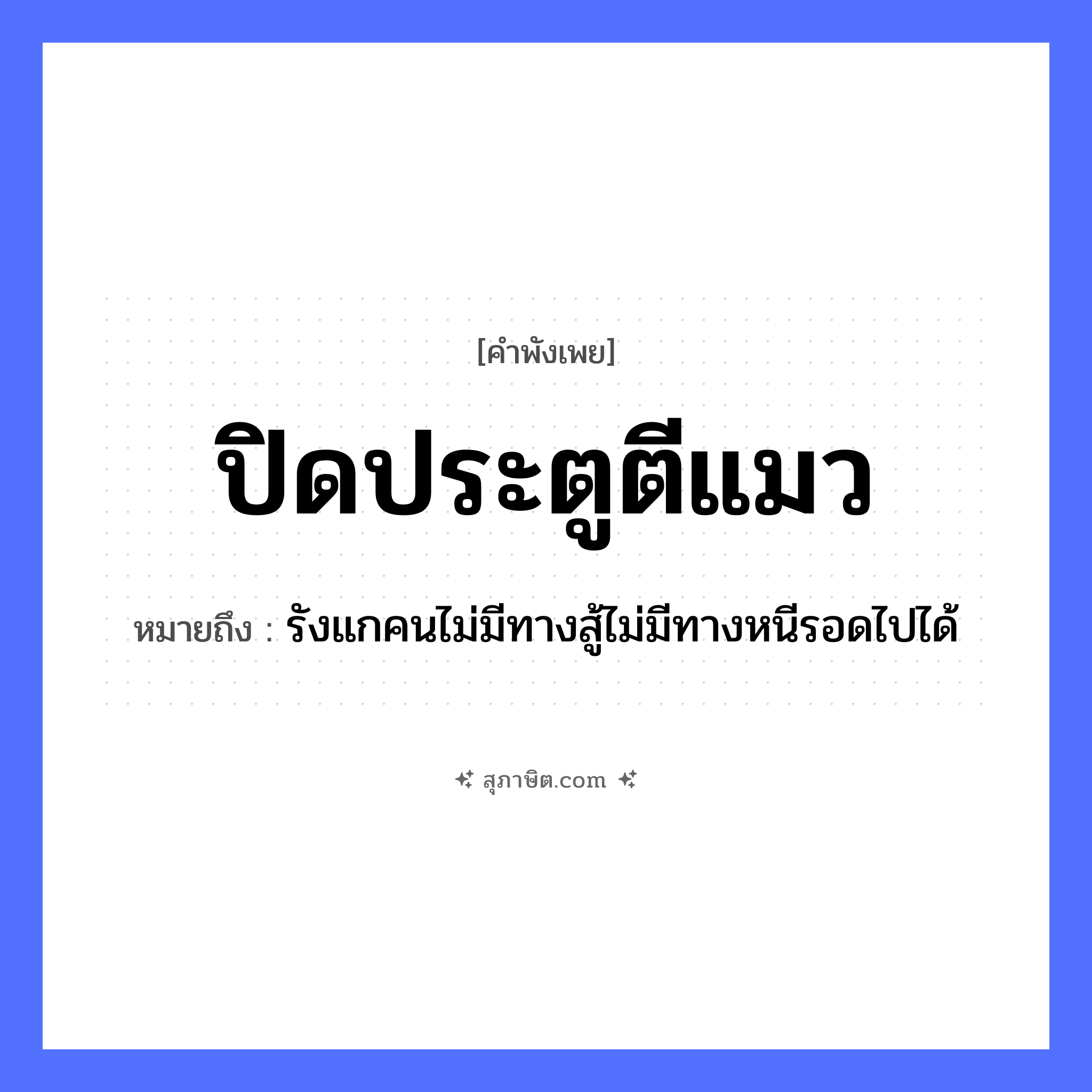 คำสุภาษิต: ปิดประตูตีแมว หมายถึง?, หมายถึง รังแกคนไม่มีทางสู้ไม่มีทางหนีรอดไปได้ คำกริยา สู้, ตี คำนาม คน สัตว์ แมว หมวด สัตว์