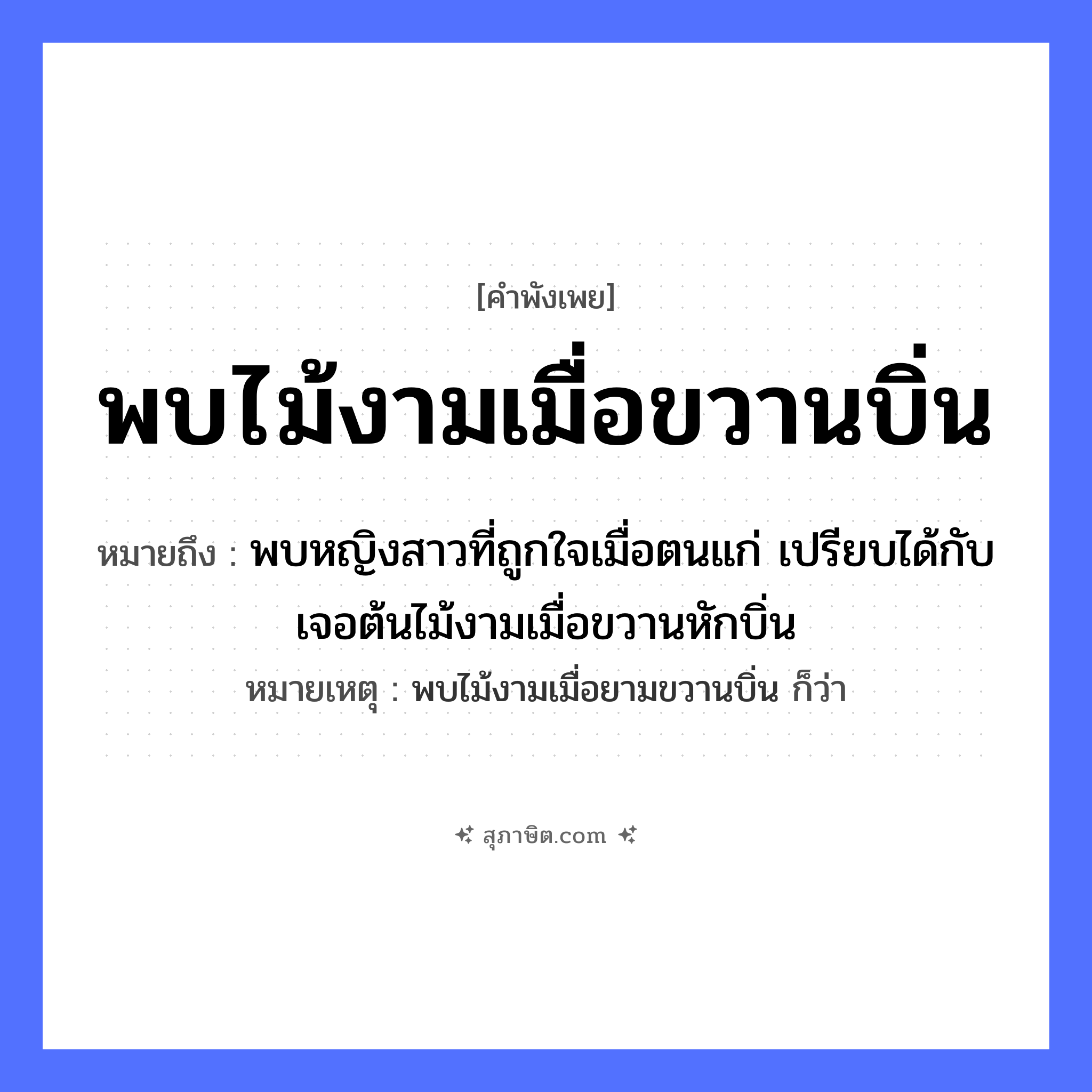 คำสุภาษิต: พบไม้งามเมื่อขวานบิ่น หมายถึง?, หมายถึง พบหญิงสาวที่ถูกใจเมื่อตนแก่ เปรียบได้กับเจอต้นไม้งามเมื่อขวานหักบิ่น หมายเหตุ พบไม้งามเมื่อยามขวานบิ่น ก็ว่า คำนาม หญิง อวัยวะ ใจ ธรรมชาติ ไม้