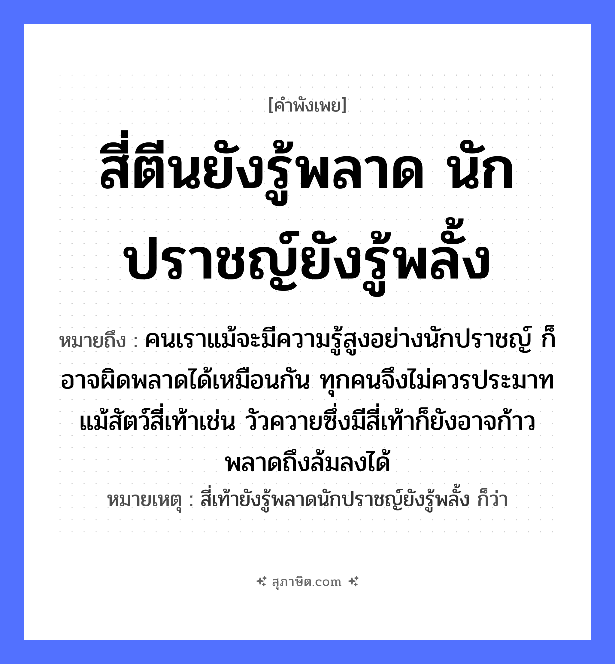คำสุภาษิต: สี่ตีนยังรู้พลาด นักปราชญ์ยังรู้พลั้ง หมายถึง?, หมายถึง คนเราแม้จะมีความรู้สูงอย่างนักปราชญ์ ก็อาจผิดพลาดได้เหมือนกัน ทุกคนจึงไม่ควรประมาท แม้สัตว์สี่เท้าเช่น วัวควายซึ่งมีสี่เท้าก็ยังอาจก้าวพลาดถึงล้มลงได้ หมายเหตุ สี่เท้ายังรู้พลาดนักปราชญ์ยังรู้พลั้ง ก็ว่า อวัยวะ ตีน คำนาม คน สัตว์ วัว