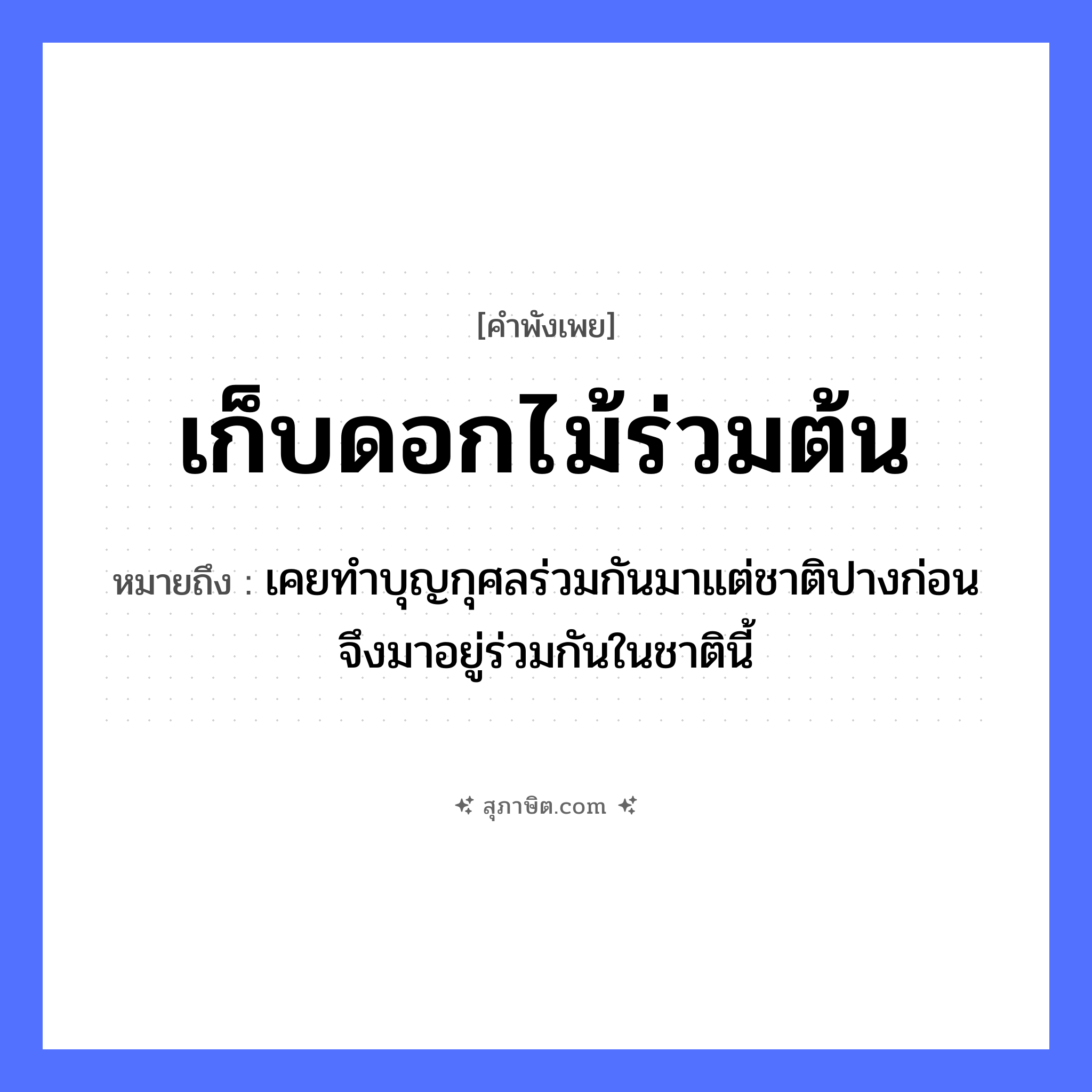 คำสุภาษิต: เก็บดอกไม้ร่วมต้น หมายถึง?, หมายถึง เคยทำบุญกุศลร่วมกันมาแต่ชาติปางก่อน จึงมาอยู่ร่วมกันในชาตินี้ ธรรมชาติ ดอกไม้, ต้นไม้ คำกริยา เก็บ, ร่วม หมวด คำพังเพย