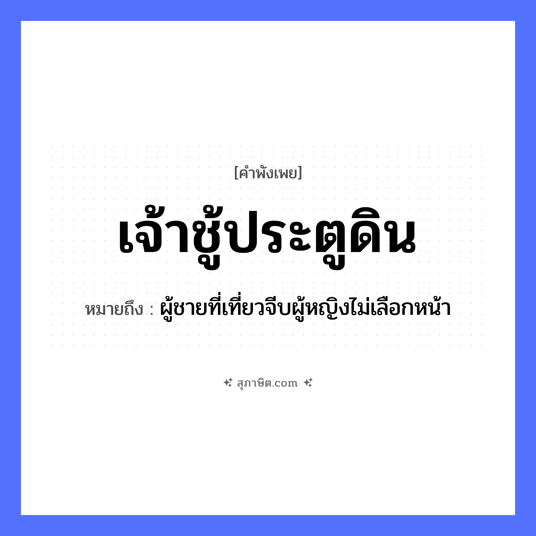 คำสุภาษิต: เจ้าชู้ประตูดิน หมายถึง?, หมายถึง ผู้ชายที่เที่ยวจีบผู้หญิงไม่เลือกหน้า คำนาม เจ้าชู้ สถานที่ ประตูดิน ลักษณะนิสัย เจ้าชู้ หมวด คำพังเพย