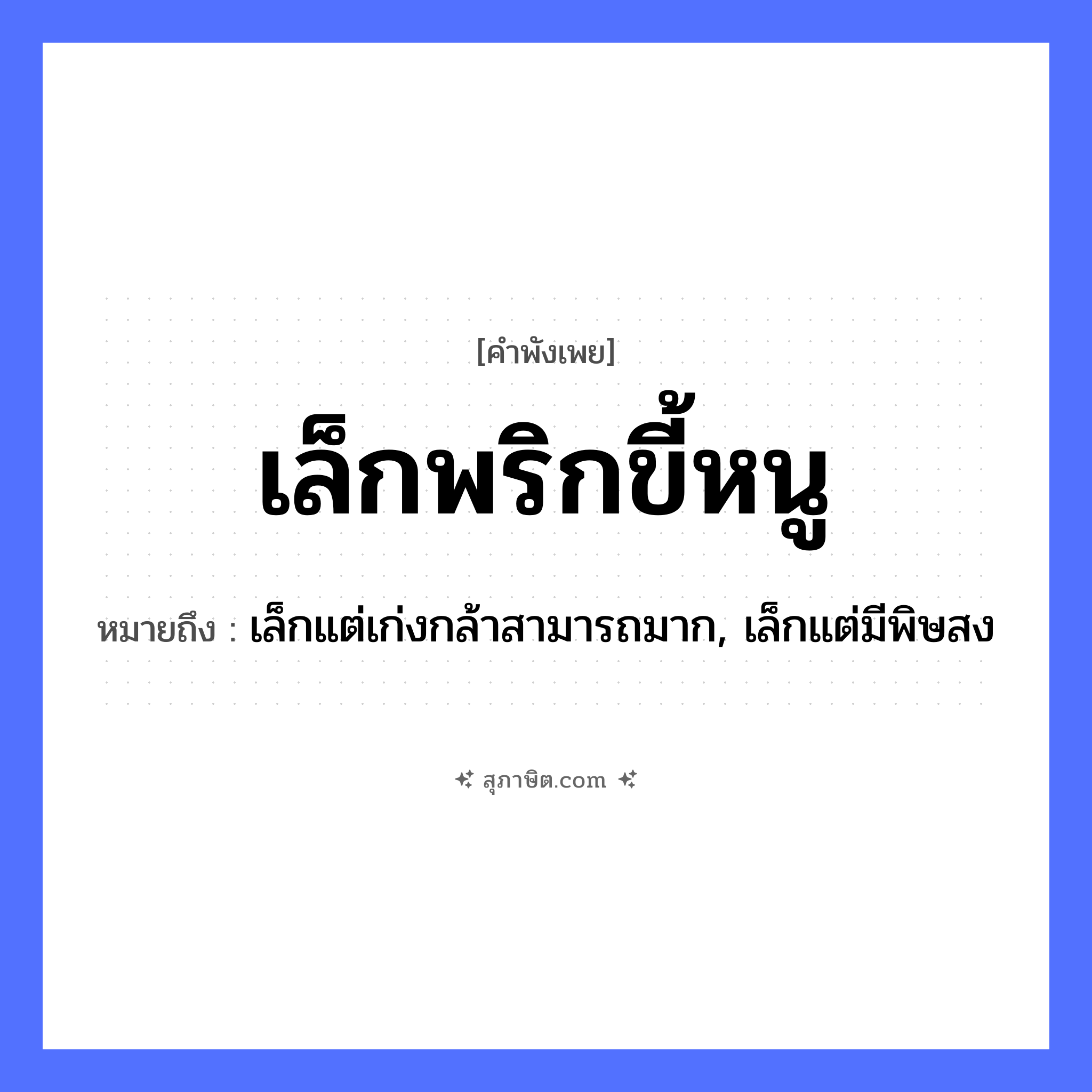 คำสุภาษิต: เล็กพริกขี้หนู หมายถึง?, หมายถึง เล็กแต่เก่งกล้าสามารถมาก, เล็กแต่มีพิษสง อาหาร พริกขี้หนู คำคุณศัพท์ เล็ก หมวด คำพังเพย