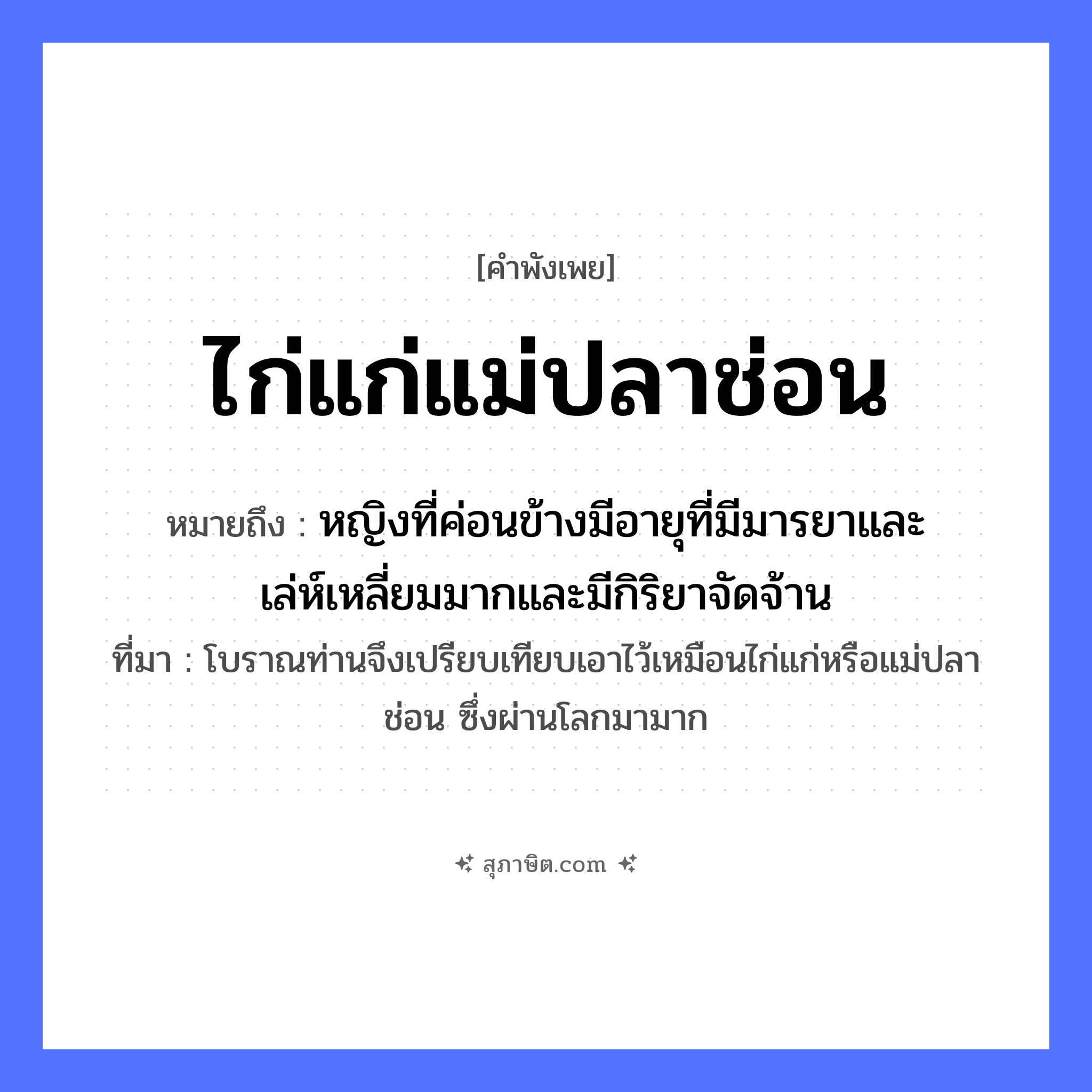 คำสุภาษิต: ไก่แก่แม่ปลาช่อน หมายถึง?, หมายถึง หญิงที่ค่อนข้างมีอายุที่มีมารยาและเล่ห์เหลี่ยมมากและมีกิริยาจัดจ้าน ที่มา โบราณท่านจึงเปรียบเทียบเอาไว้เหมือนไก่แก่หรือแม่ปลาช่อน ซึ่งผ่านโลกมามาก สัตว์ ไก่, ปลาช่อน คำคุณศัพท์ แก่ หมวด คำพังเพย