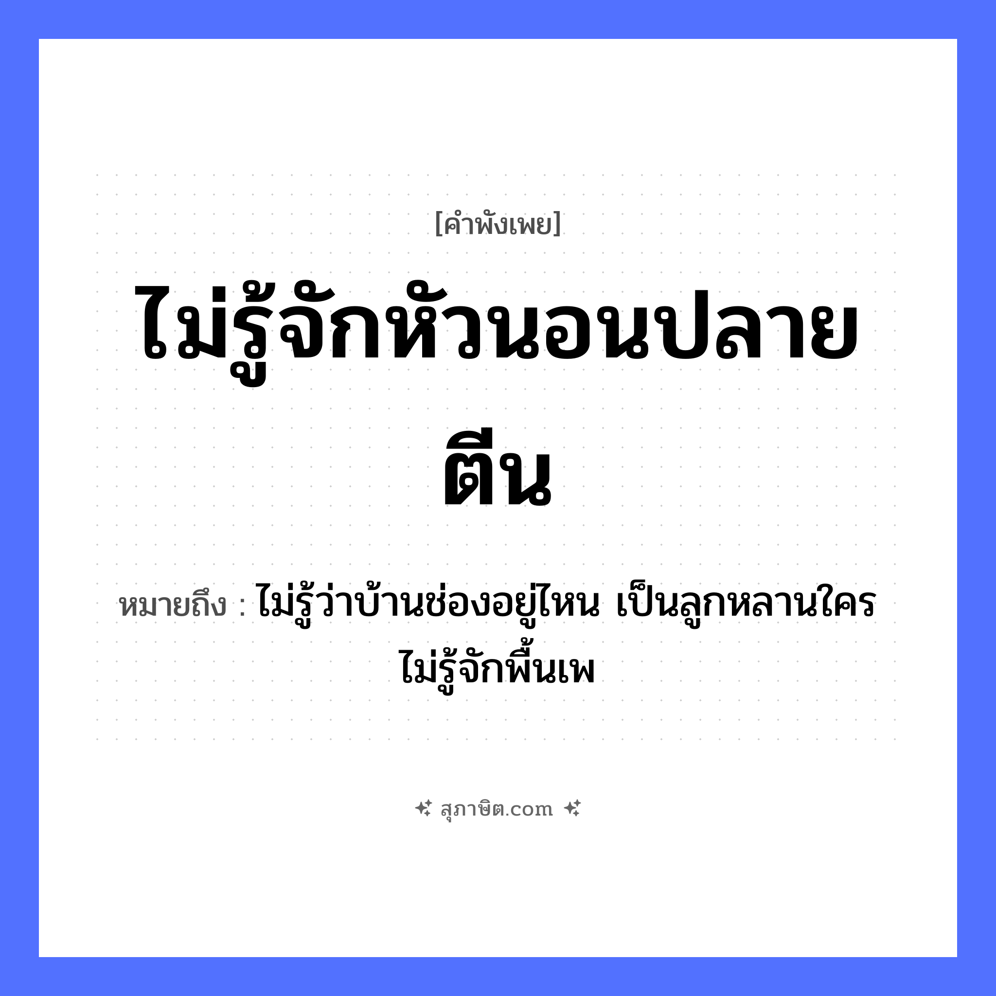 คำสุภาษิต: ไม่รู้จักหัวนอนปลายตีน หมายถึง?, หมายถึง ไม่รู้ว่าบ้านช่องอยู่ไหน เป็นลูกหลานใคร ไม่รู้จักพื้นเพ คำนาม ปลาย อวัยวะ หัว, ตีน คำกริยา นอน หมวด คำพังเพย