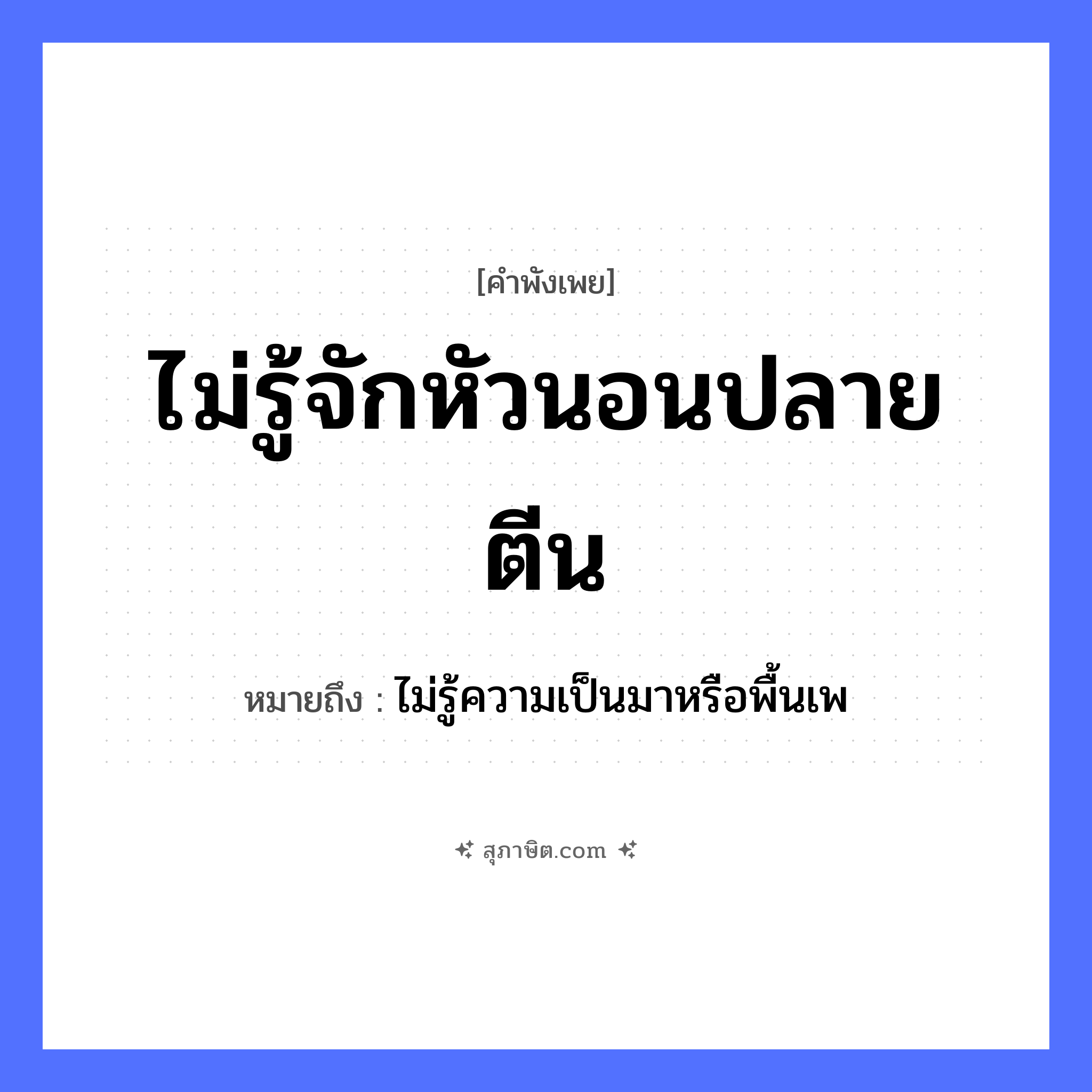 คำสุภาษิต: ไม่รู้จักหัวนอนปลายตีน หมายถึง?, หมายถึง ไม่รู้ความเป็นมาหรือพื้นเพ คำกริยา นอน ร่างกาย หัว, ตีน คำวิเศษณ์ ไม่รู้จัก ที่อยู่อาศัย ที่นอน หมวด คำพังเพย