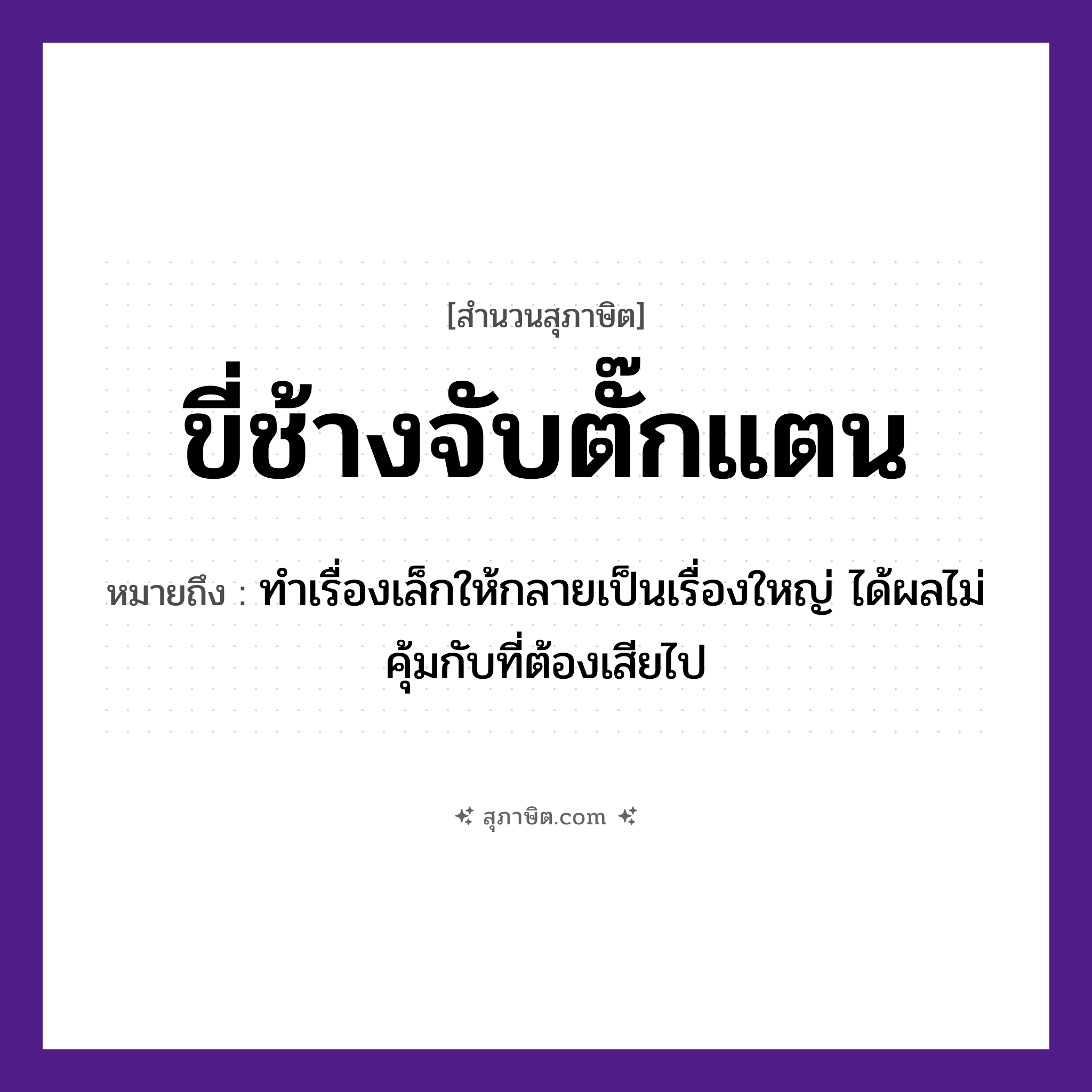 คำสุภาษิต: ขี่ช้างจับตั๊กแตน หมายถึง?, หมายถึง ทำเรื่องเล็กให้กลายเป็นเรื่องใหญ่ ได้ผลไม่คุ้มกับที่ต้องเสียไป สัตว์ ช้าง คำกริยา จับ