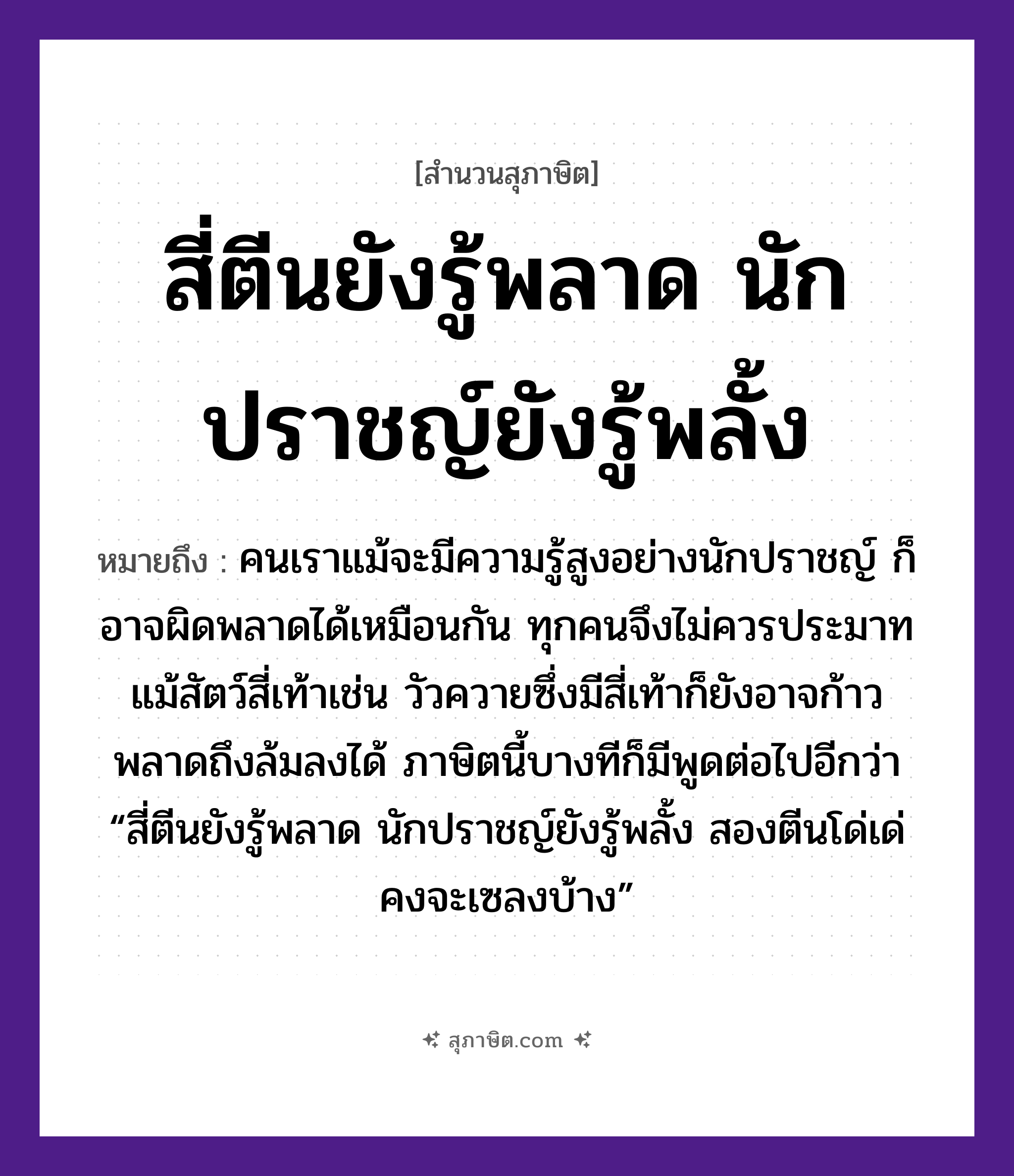 คำสุภาษิต: สี่ตีนยังรู้พลาด นักปราชญ์ยังรู้พลั้ง หมายถึง?, หมายถึง คนเราแม้จะมีความรู้สูงอย่างนักปราชญ์ ก็อาจผิดพลาดได้เหมือนกัน ทุกคนจึงไม่ควรประมาท ที่มา แม้สัตว์สี่เท้าเช่น วัวควายซึ่งมีสี่เท้าก็ยังอาจก้าวพลาดถึงล้มลงได้ ภาษิตนี้บางทีก็มีพูดต่อไปอีกว่า “สี่ตีนยังรู้พลาด นักปราชญ์ยังรู้พลั้ง สองตีนโด่เด่ คงจะเซลงบ้าง” คำนาม คน สัตว์ วัว อวัยวะ ตีน