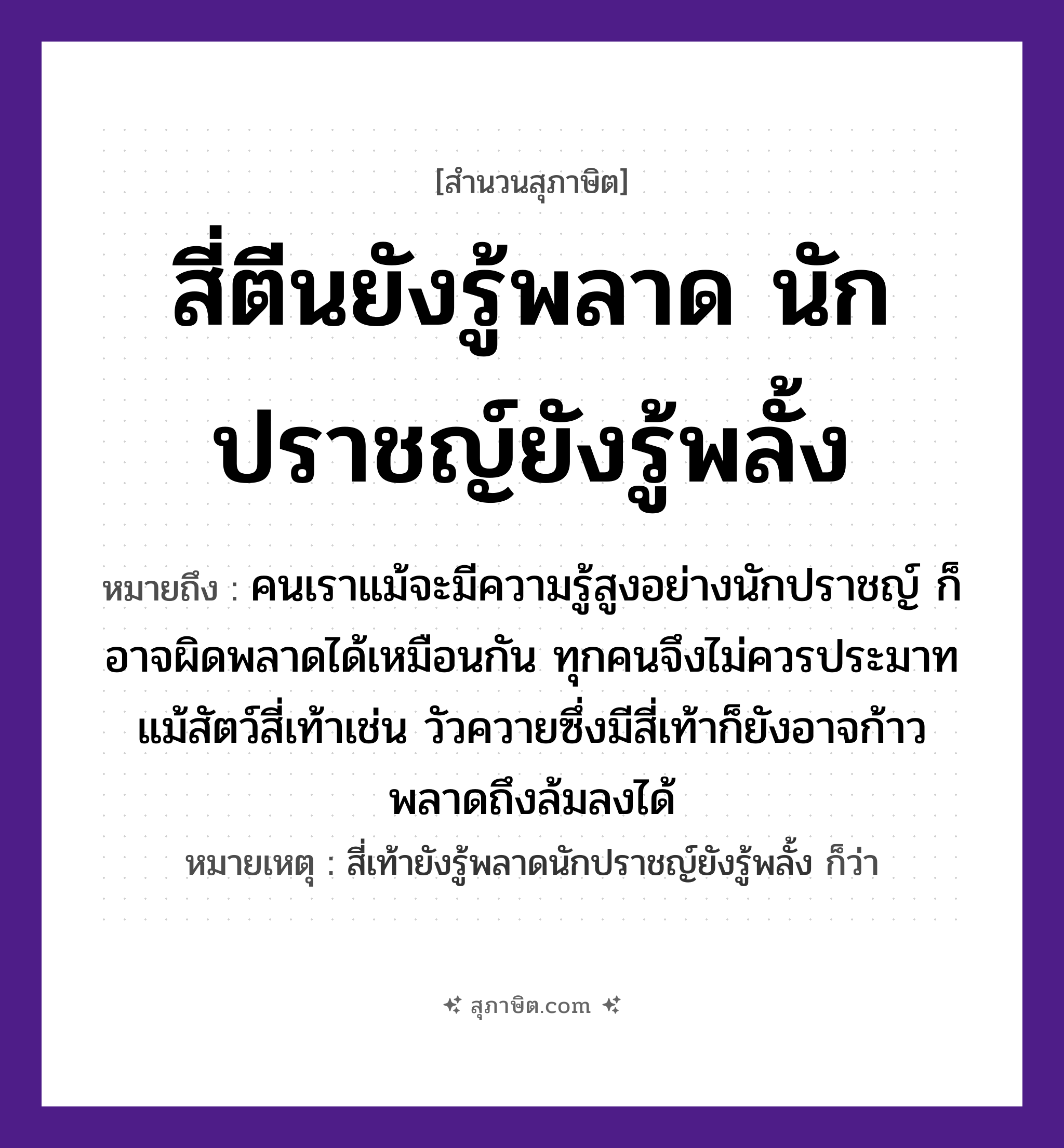 คำสุภาษิต: สี่ตีนยังรู้พลาด นักปราชญ์ยังรู้พลั้ง หมายถึง?, หมายถึง คนเราแม้จะมีความรู้สูงอย่างนักปราชญ์ ก็อาจผิดพลาดได้เหมือนกัน ทุกคนจึงไม่ควรประมาท แม้สัตว์สี่เท้าเช่น วัวควายซึ่งมีสี่เท้าก็ยังอาจก้าวพลาดถึงล้มลงได้ หมายเหตุ สี่เท้ายังรู้พลาดนักปราชญ์ยังรู้พลั้ง ก็ว่า คำกริยา พลาด, พลั้ง บุคคล นักปราชญ์ สัตว์ สี่ตีน หมวด สุภาษิต