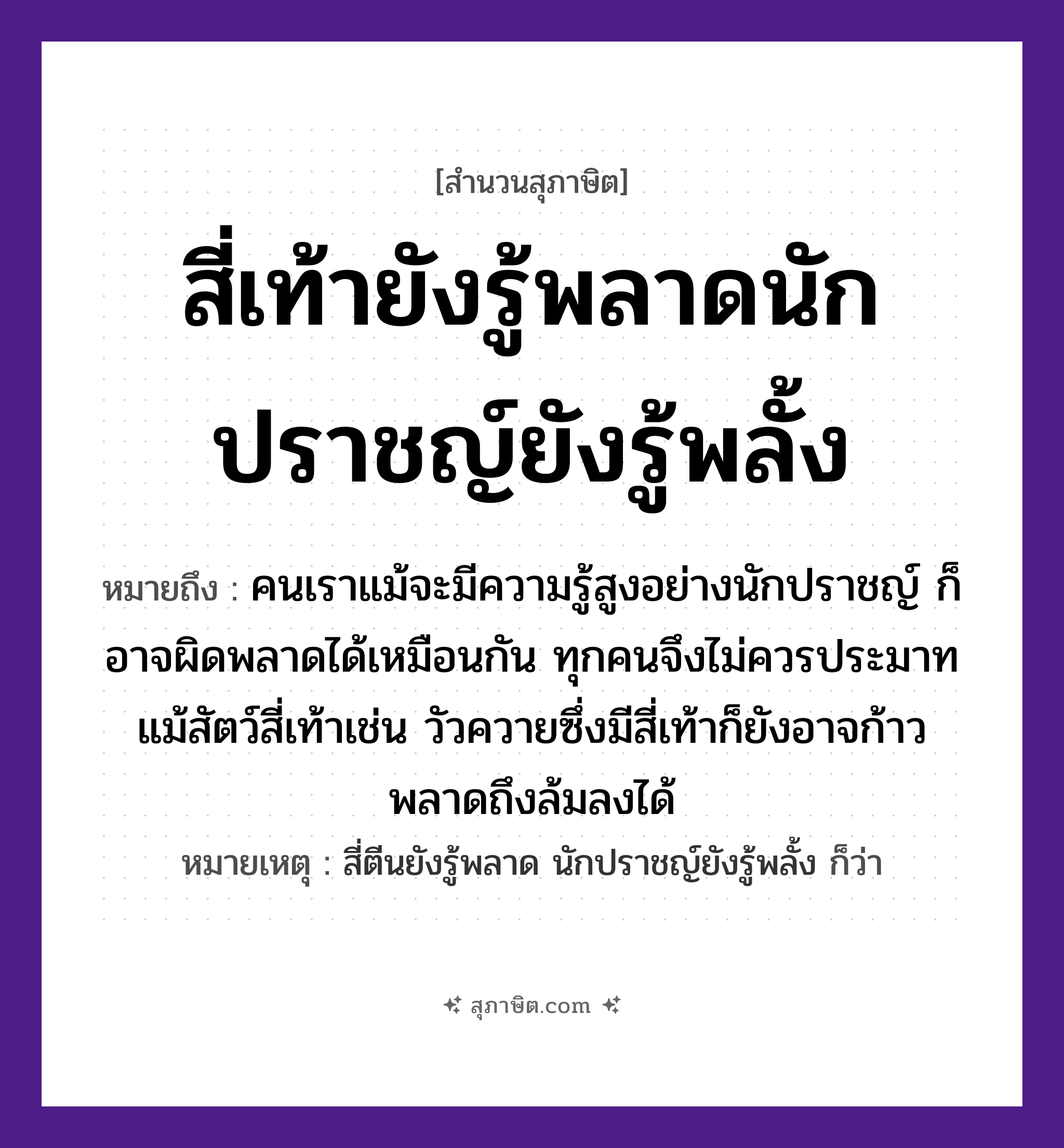 คำสุภาษิต: สี่เท้ายังรู้พลาดนักปราชญ์ยังรู้พลั้ง หมายถึง?, หมายถึง คนเราแม้จะมีความรู้สูงอย่างนักปราชญ์ ก็อาจผิดพลาดได้เหมือนกัน ทุกคนจึงไม่ควรประมาท แม้สัตว์สี่เท้าเช่น วัวควายซึ่งมีสี่เท้าก็ยังอาจก้าวพลาดถึงล้มลงได้ หมายเหตุ สี่ตีนยังรู้พลาด นักปราชญ์ยังรู้พลั้ง ก็ว่า บุคคล นักปราชญ์ สัตว์ สี่เท้า คำกริยา พลาด, พลั้ง หมวด สุภาษิต